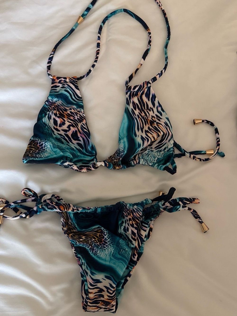 Teal Animal-Print Triangle Bikini Set - Women Swim